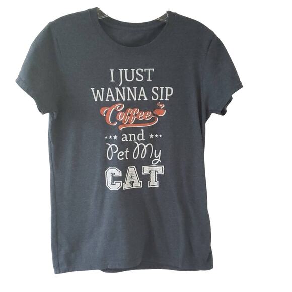 Cats and Coffee Lover T-shirt Gray Short Sleeve Crew neck Small - Picture 1 of 4